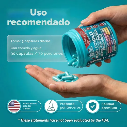 Miniatura 6 de Suplemento NAD Limpio Resveratrol NAD+ Liposomal Espididina Fisetina Germen de Trigo Quercetina Extracto de Semilla de Uva Gotu Kola Berberina