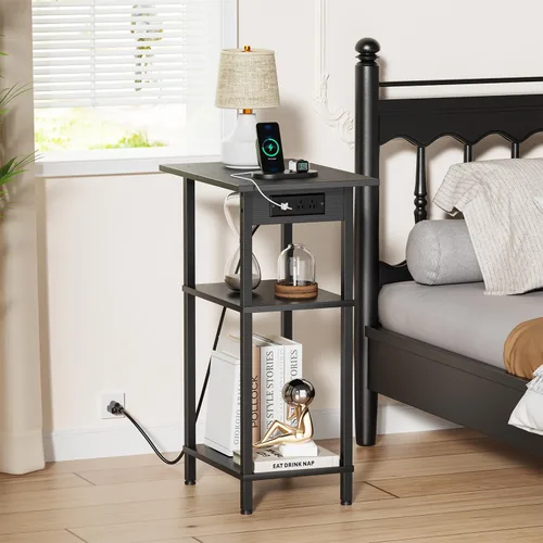 Miniatura 2 de Asgolion - Mesa auxiliar alta con estación de carga, mesita de noche delgada con puertos USB y tomas de corriente, mesa lateral estrecha de 3 Negro