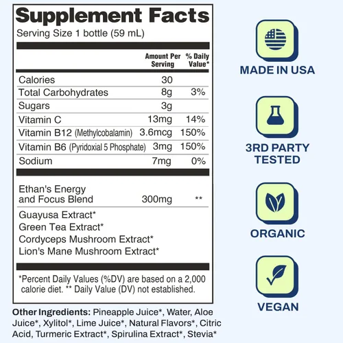 Miniatura 2 de Ethan's Organic Clean Energy Shots Piña, paquete de 12 unidades de 2 onzas, 150 mg de cafeína, té verde, guayusa, melena de león y cordyceps Sin