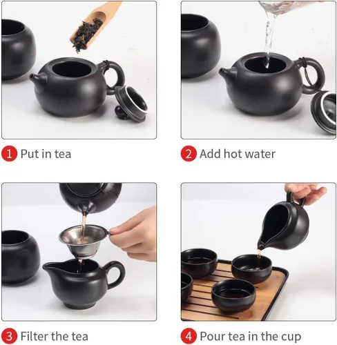Miniatura 2 de Juego de Tetera y Tazas de Té Chino con Bandeja e Infusor - Juego de Té de Cerámica de Viaje, Tetera de Porcelana, Portátil Todo en Una Bolsa