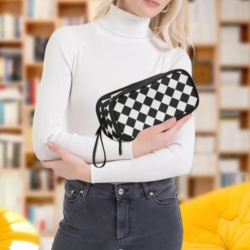Miniatura 7 de Nylon grande cremallera lápiz bolsa cuadros negro blanco gran capacidad lápiz lápiz caso papelería para hombre de escuela secundaria estuche