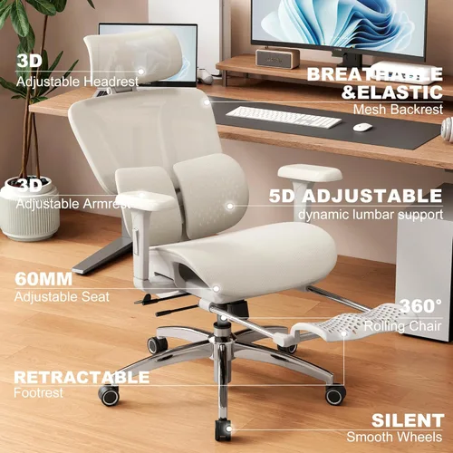 Miniatura 3 de Vonesse Silla de oficina ergonómica con reposapiés, sillas de escritorio con reposacabezas y reposabrazos ajustables 3D, silla de juegos de Blanco