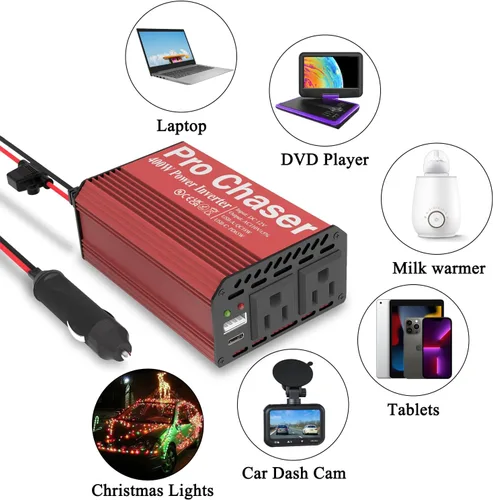 Miniatura 6 de Pro Chaser - Inversor de corriente para vehículo de 400 W - Convertidor de 12 V CC a 110 V CA para coche, con dos salidas de CA, puertos USB-A QC