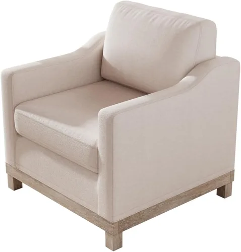 Miniatura 6 de Sillón moderno de lino/silla de acento/sofá individual con base de madera de goma para sala de estar, dormitorio, apartamento, oficina, color beige