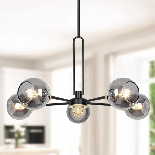 Miniatura 11 de Lámpara colgante con forma de globo, moderna lámpara de techo semiempotrada dorada con vidrio transparente, lámpara Sputnik de 5 luces para comedor