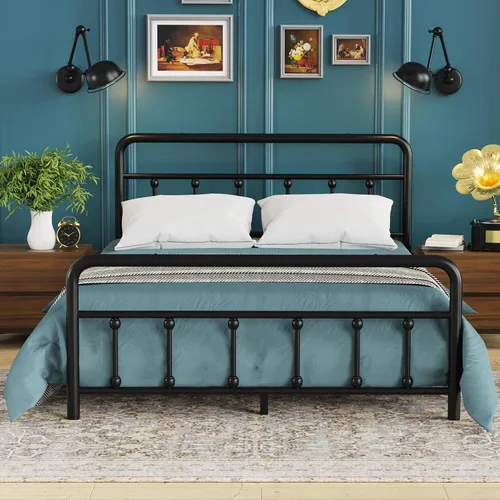 Flolinda Base de cama clásica de plataforma metálica de tamaño matrimonial con estilo victoriano, marco de cama matrimonial con listones de acero