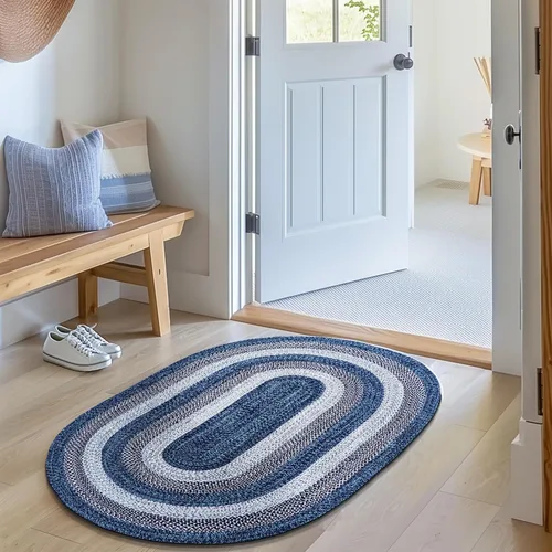 Super Area Rugs Alfombra trenzada ovalada rústica color azul aguamarina/blanco/negro para puerta delantera, alfombra lavable para exteriores, 2 x 3