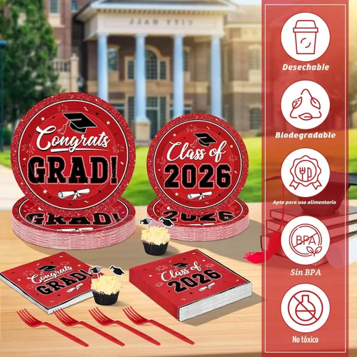 Miniatura 4 de QZYL Juego de 200 suministros de graduación 2026, platos de graduación rojos, servilletas, platos de postre y tenedores de plástico para 50