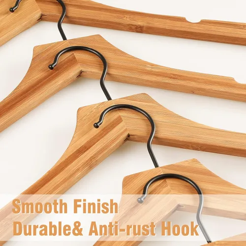 Miniatura 4 de TOPIA HANGER Perchas de madera de bambú, perchas con gancho negro giratorio y nothces de corte liso, juego de 12 perchas de madera duraderas