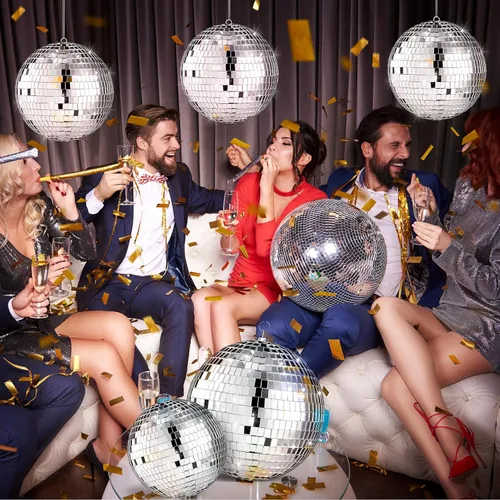 Miniatura 7 de Conjunto de 8 bolas de discoteca grandes de Haull, bolas de espejo plateadas reflectantes con anillo para colgar, ornamento de fiesta, decoración