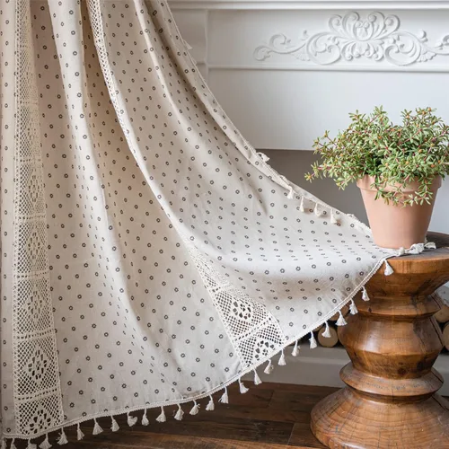 Miniatura 86 de Deeprove Cortinas bohemias para dormitorio, rayas huecas de ganchillo crema y estampado floral, tela de lino de algodón, con borlas beige bohemias