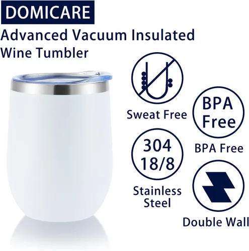 Miniatura 7 de DOMICARE - Vaso de vino de 12 onzas con tapa, hecho de acero inoxidable con aislamiento al vacío de doble pared, paquete de 1 unidad, color blanco