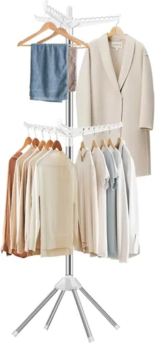Miniatura 8 de SUYU Tendedero de ropa plegable, árbol de secado de ropa plegable, 2 niveles con 24 pinzas y 3 brazos giratorios, tendedero de ropa interior de 66.9