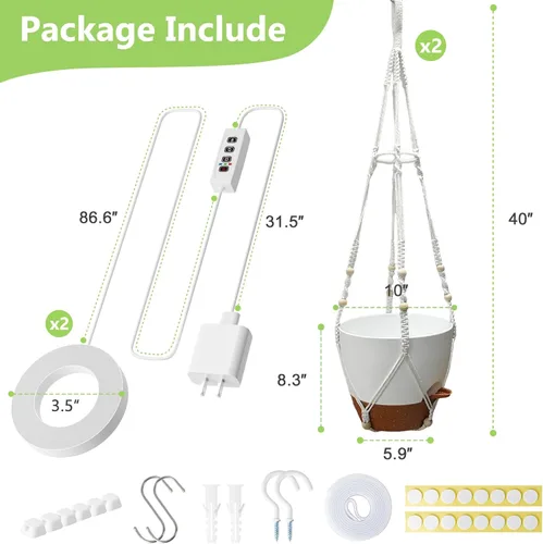 Miniatura 7 de Macetas colgantes para plantas de interior: paquete de 2 perchas de macramé con luces de cultivo y macetas de riego automático, macetas colgantes
