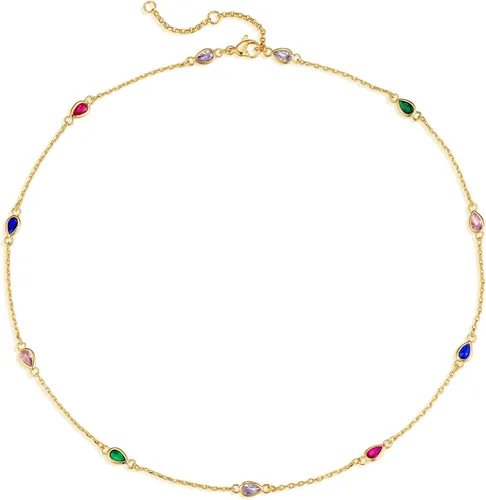 Dainty Colorful Choker Necklace for Women 18K Gold Plated Multicolor Link Chain Choker, Paper Clip T Necklace, Coloured Cubic Zirconium Necklace for