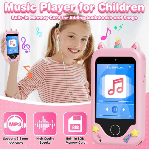 Miniatura 4 de Juguetes de teléfono para niños de 3 a 6 años para niñas, teléfono celular para niños con pantalla táctil, cámara dual, reproductor de música MP3