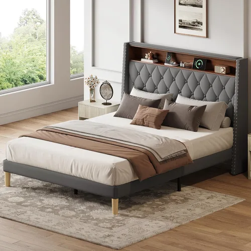 Miniatura 18 de WLIVE Base de cama tapizada de tamaño matrimonial con cabecera de ala de 48 pulgadas de alto, cama cuadrada de terciopelo con estación de carga
