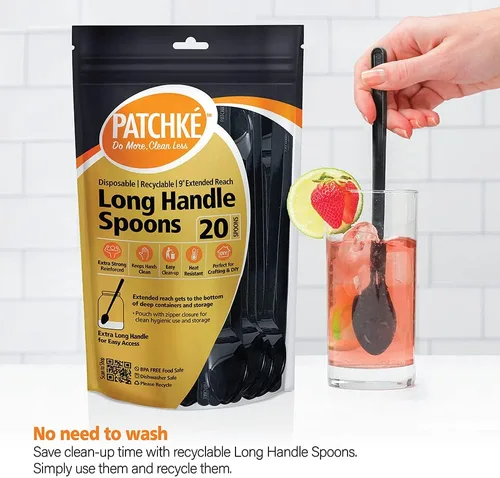Miniatura 6 de Cucharas largas de plástico – 9 pulgadas – Cuchara de mango largo resistente para agitar, cucharas de café negro – Espresso, cuchara de té helado
