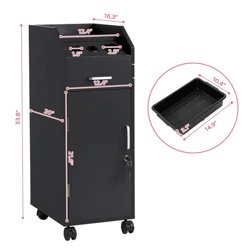 Miniatura 3 de Winado Carrito de almacenamiento de peluquería con ruedas y 3 soportes para secador de pelo, 4 cajones y cerradura y 2 llaves, estación de Negro