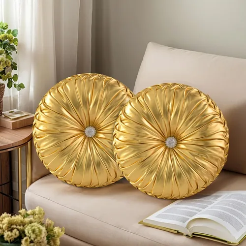 Miniatura 18 de HIG - Juego de 2 almohadas decorativas redondas plisadas, almohadas de calabaza de acento elegantes con botón central, almohadas de suelo