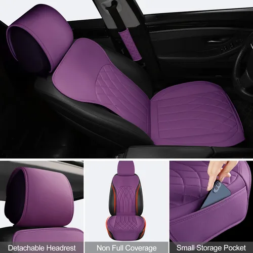 Miniatura 4 de BEITK Paquete de 2 fundas de cuero para asiento delantero de automóvil, protectores universales para asiento de automóvil sin laterales con bolsillo