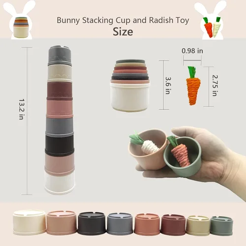 Miniatura 3 de KYHSOM 8 tazas apilables para conejos – 2 juguetes de conejo de rábano – diferentes tamaños y colores de tazas apilables reutilizables de conejo