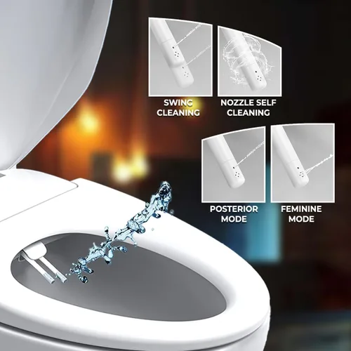 Miniatura 5 de GenieBidet Asiento de inodoro de bidé alargado - Boquillas dobles con adaptador en T y botella - Presión de agua ajustable y asiento de bidé de Lado