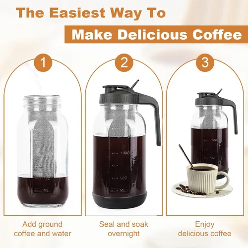 Miniatura 7 de Cafetera de café frío, jarra de frasco Mason con filtro de acero inoxidable, tapa con mango y pico vertedor, vidrio resistente hermético y a prueba