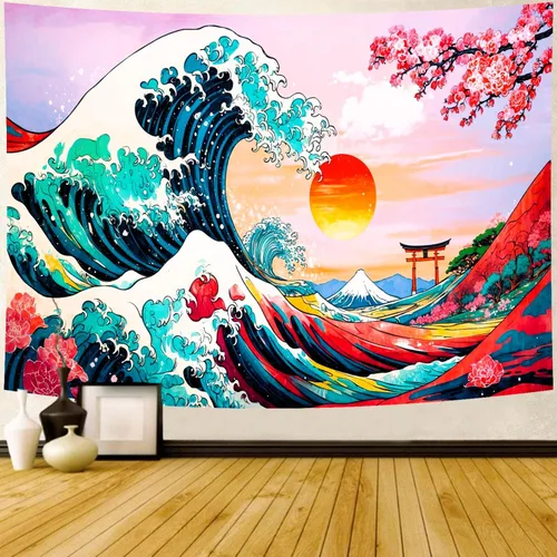 Miniatura 9 de Delur Tapiz de playa y puesta de sol tropical, palmera, costero, tapiz para colgar en la pared, paisaje natural, cabecero psicodélico escénico