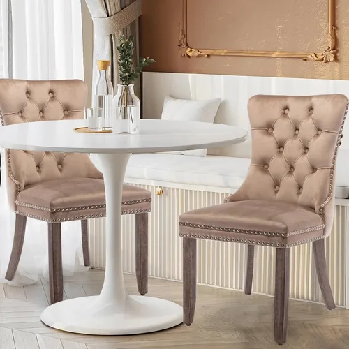 Miniatura 11 de Juego de 4 Sillas de Comedor de Terciopelo Tapizadas con Capitoné, Sillas Laterales de Cocina con Ribete de Tachuelas y Patas Chapadas en Oro