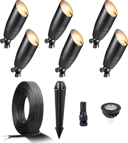 Miniatura 12 de Gardenreet Focos de paisaje de bajo voltaje - Luz superior LED de latón 12V para exterior, luces focales cableadas IP65 impermeables, enfoque