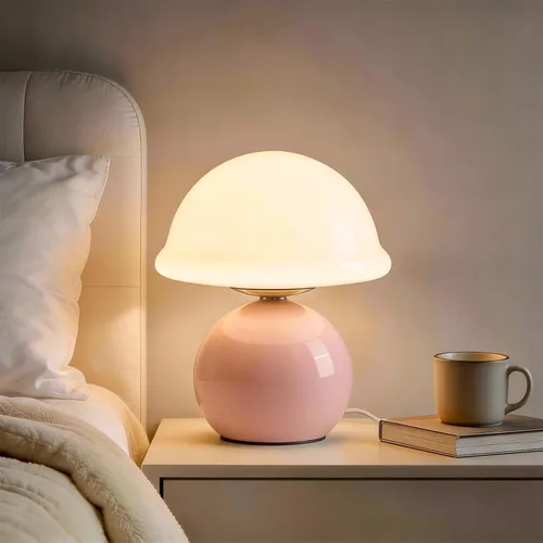 Miniatura 10 de Lámpara de mesa con forma de hongo para dormitorio, acogedora lámpara de noche con pantalla de cristal, lámpara de mesita de noche regulable