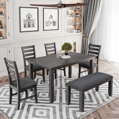 Miniatura 14 de Bellemave Juego de mesa de comedor de 6 piezas para 6 mesas de cocina rectangulares con 4 sillas de comedor y banco, juego de comedor para 6