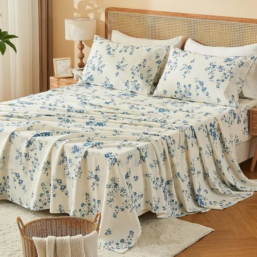 Miniatura 40 de Bedlifes Juego de sábanas de 100 % lino francés tamaño Queen, estampado floral, patrón botánico transpirable, bolsillo profundo de 16 pulgadas, 4