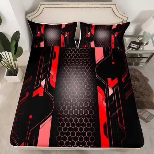 Miniatura 4 de Manfei Sábana bajera ajustable de panal rojo, tamaño matrimonial, juego de ropa de cama hexagonal geométrica de 3 piezas para decoración de Multi 07