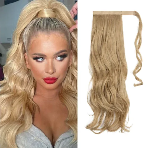 Miniatura 8 de CJL HAIR Extensión de cola de caballo de 18 pulgadas con cabello rizado y ondulado, clip de cola de caballo, peluca sintética falsa para mujeres