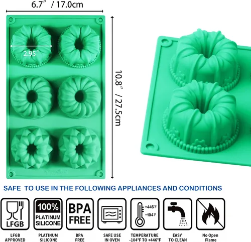 Miniatura 2 de Zorazio Molde de silicona para pasteles con tubo estriado de 6 cavidades, 3 piezas, molde antiadherente mixto para mini cupcakes, pan de maíz, Mezcla