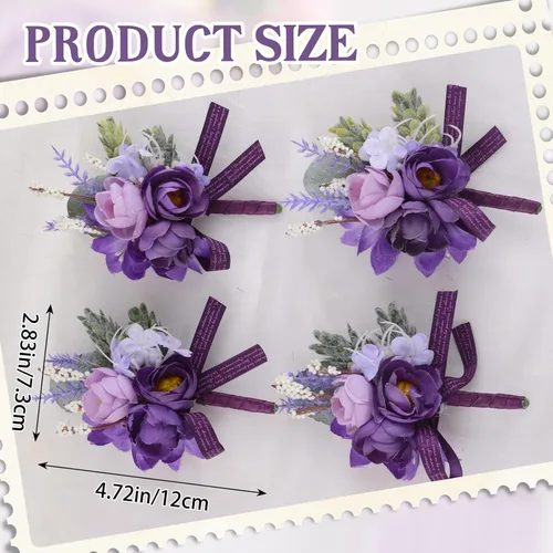 Miniatura 2 de 6 piezas de flores artificiales para boda, ramillete de simulación de rosas pequeñas moradas, accesorios de flores artificiales para novia, novio