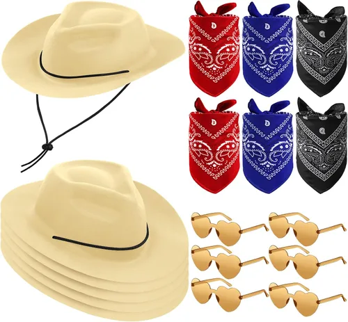 Newcotte Juego de 18 Piezas de Sombreros de Plástico de Vaquero Occidental Incluye 6 Sombreros 6 Bandanas Paisley 6 Pares de Gafas con Forma de