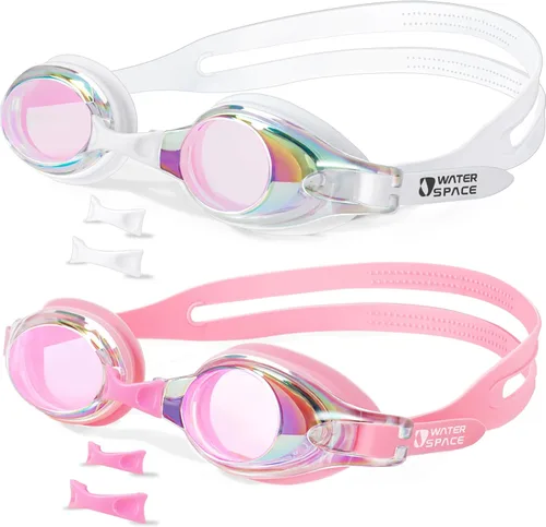 Water Space Kids Goggles, 2 Pack Swim Goggles for Kids Boys Girls Toddler Age 3-15, Clear View Anti-fog UV Protection No Leak Blanco & Rosa