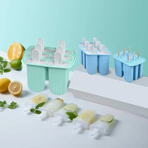 Miniatura 8 de Moldes de silicona para paletas con palillos, 6 cavidades, molde para helado con cepillo limpio, 6 palitos reutilizables, 50 palitos, 50 bolsas, Azul