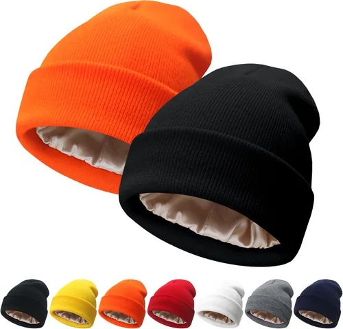 Miniatura 12 de NPQQUAN 2 PCS Satin Lined Beanie for Women Silk Lined Beanies Winter Warm Soft Lining Cuffed Knit Beanie Hats for Women