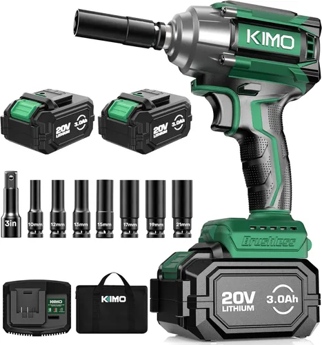 KIMO - Llave de impacto 1/2 inalámbrica, 550 N.m/406 pies-libras de par máximo y 3000 RPM, batería de 2 x 20 V 3.0 Ah, pistola de impacto con 7 Verde