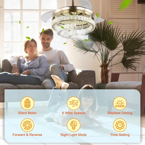 Miniatura 5 de Ventilador de techo regulable de 42 pulgadas con luz y control remoto de cristal, moderno ventilador retráctil con memoria, motor silencioso, 6