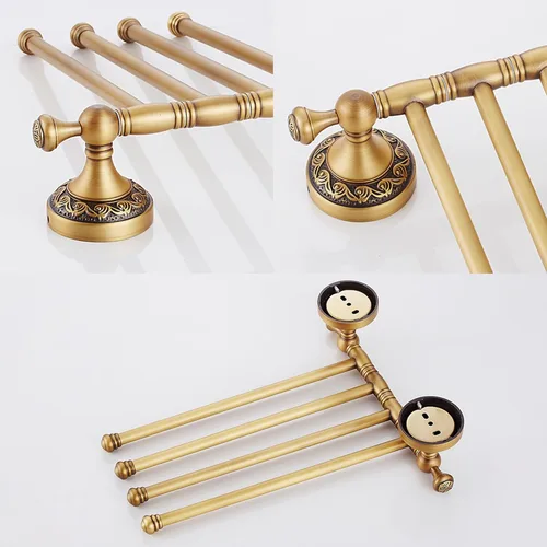 Miniatura 6 de Soporte de Toalla Plegable Montado en Pared para Baño, 4 Barras de Toalla con Patrón de Latón Antiguo Tallado, Bronce Cepillado
