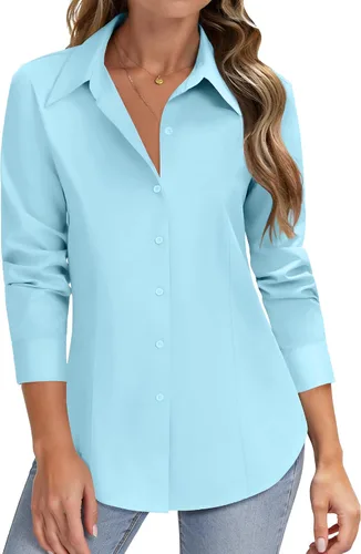 Miniatura 9 de HOTOUCH Camisas de manga larga con botones para mujer, camisas de vestir con protección contra manchas, ajuste delgado, blusas de trabajo, oficina