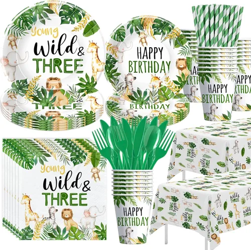 Vajilla Young Wild And Three Decor para niños, suministros de fiesta de cumpleaños de 3 años de animales de la selva, plato, taza, servilleta,