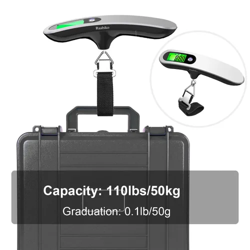 Miniatura 4 de Raabiko Báscula digital de equipaje (paquete de 2), báscula digital de equipaje de mano con capacidad de 110 libras, batería incluida, plata satinada
