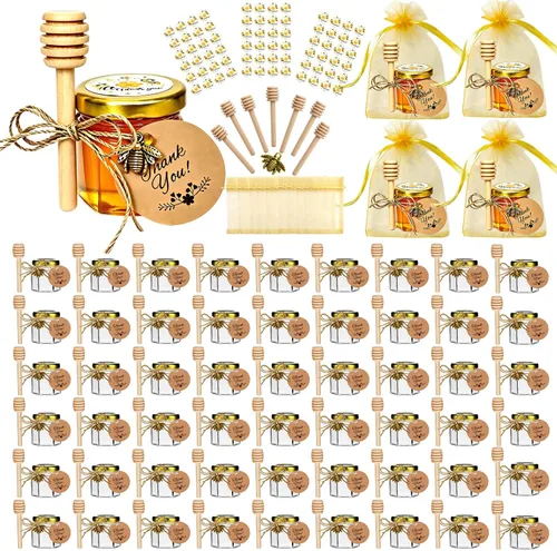 Miniatura 11 de IIKUM Paquete de 20 tarros de miel de vidrio, tarros hexagonales de miel de 1.5 onzas con tapas, cucharitas de miel de madera, colgantes de abeja