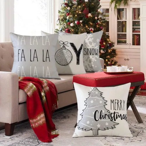 Miniatura 4 de OTOSTAR Juego de 4 fundas de almohada de Navidad de 45.7 x 45.7 cm, decoración navideña de granja, fundas de almohada de Navidad Joy Xmas Tree Let